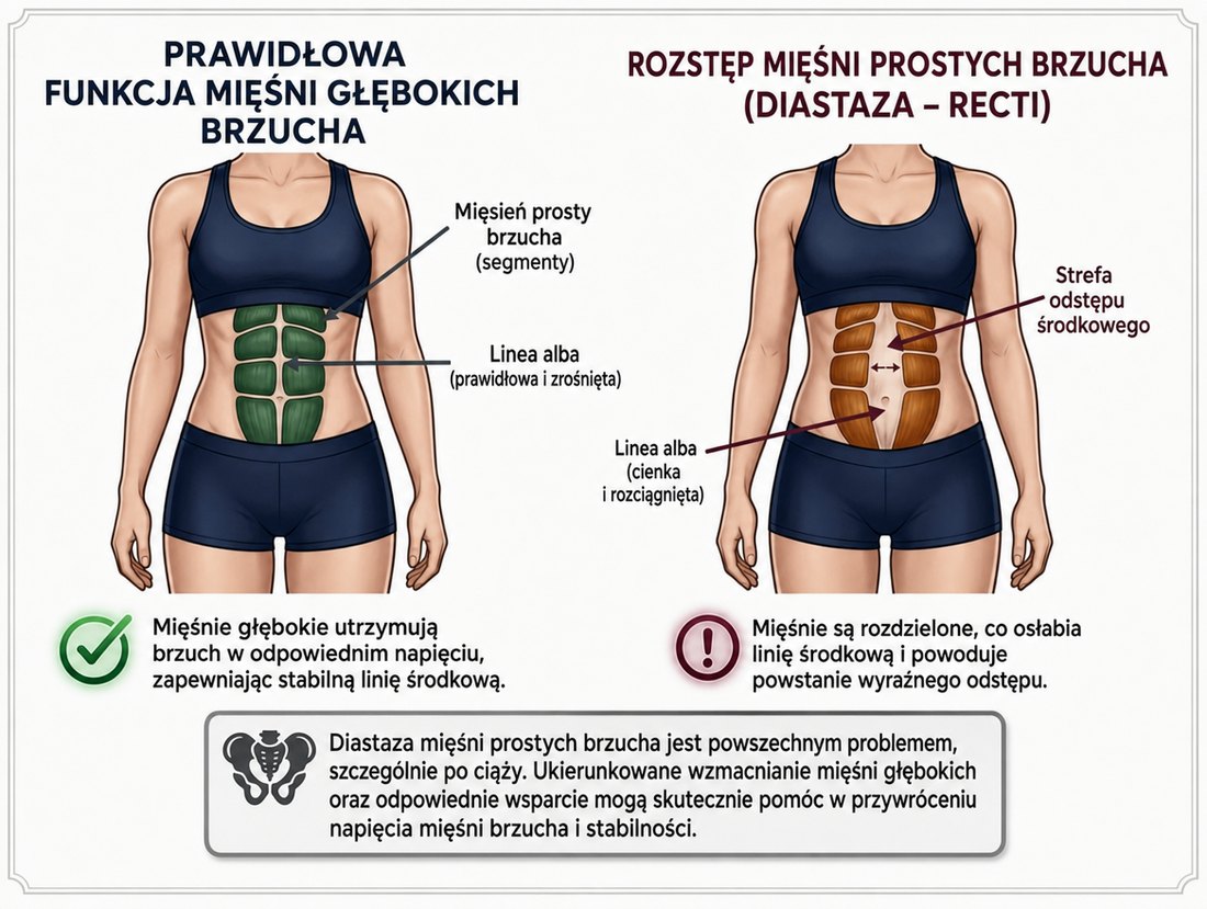 Po lewej prawidłowa linia środkowa, po prawej rozstęp mięśni prostych.